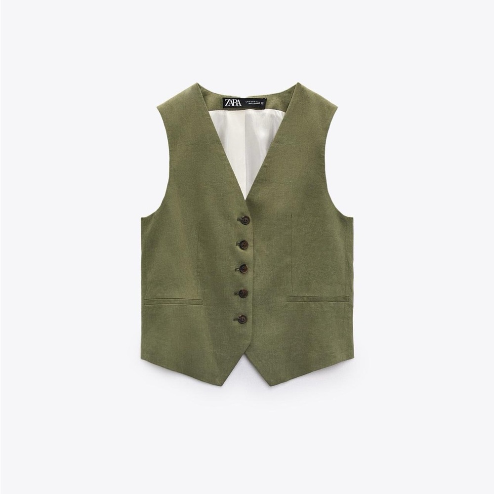 Zara linen Khaki Green Sleeveless Vest / waistcoast